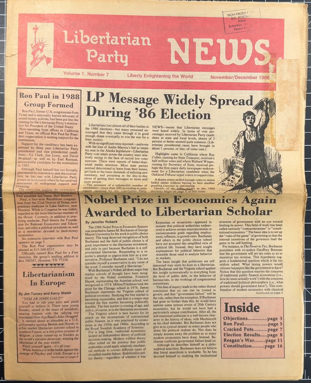 Various Libertarian Party Newspaper Editions from 1986/87 + Pages from Sep/Oct 1988