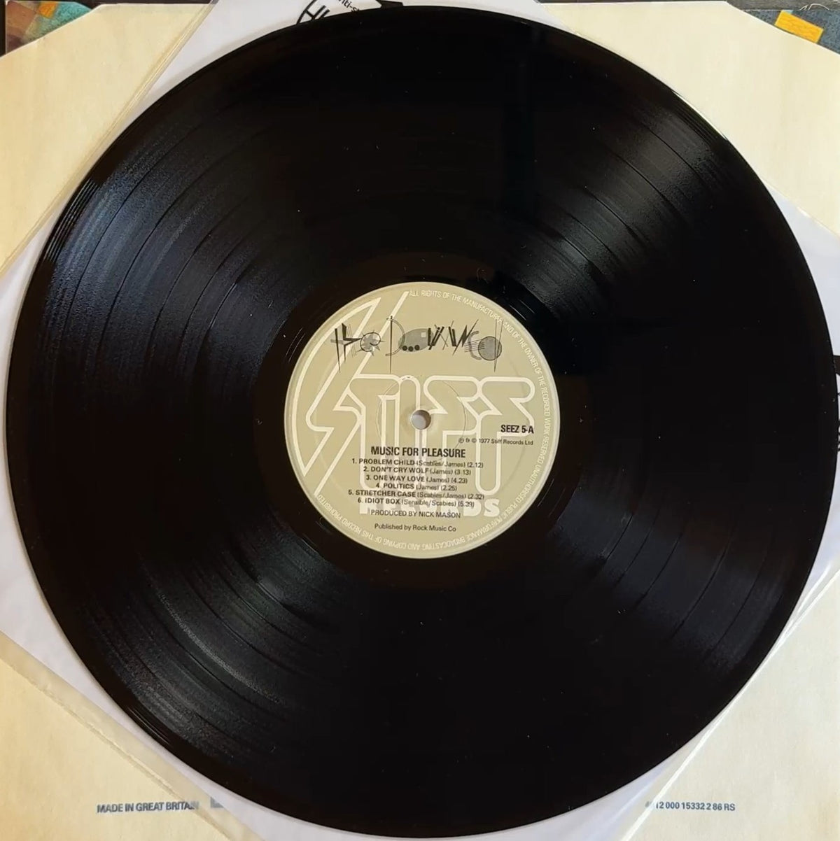 The Damned Music For Pleasure 1977 UK 1st Press VG+ VG+ Island Pressing Stiff Records SEEZ 5
