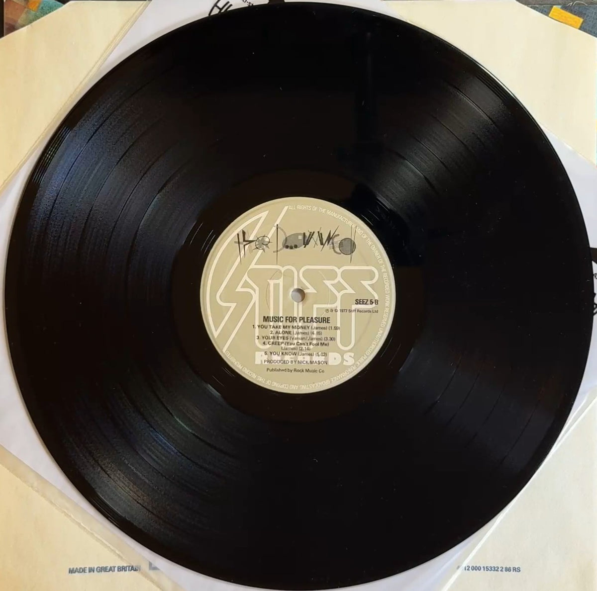 The Damned Music For Pleasure 1977 UK 1st Press VG+ VG+ Island Pressing Stiff Records SEEZ 5